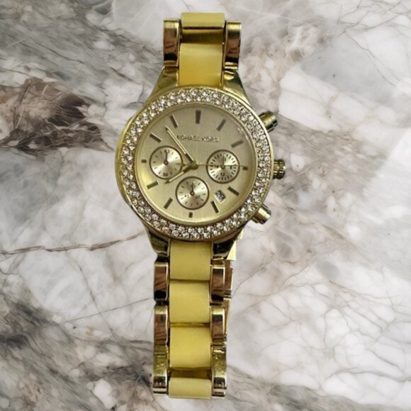 New Women's Watch Gold Stainless Steel Chronograph Watch With Crystal Bezel - Picture 1 of 5
